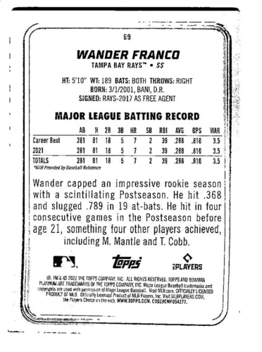 Baseball card featuring Wander Franco’s rookie stats on Bowman Platinum Ice Foilboard