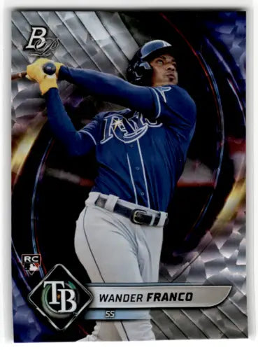 Baseball card of Wander Franco in blue uniform on 2022 Bowman Platinum Ice Foilboard