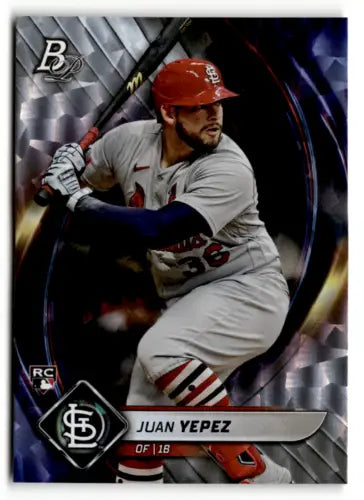 Baseball card of Juan Yepez in St. Louis Cardinals uniform, Bowman Platinum Ice Foilboard