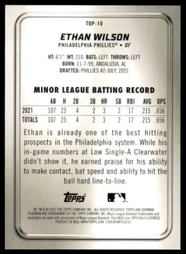 Ethan Wilson Baseball Card 2022 Bowman Platinum Top Prospects Original Gloss NM-MT Phillies