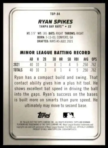 Ryan Spikes baseball card in 2022 Bowman Platinum Top Prospects with original gloss finish