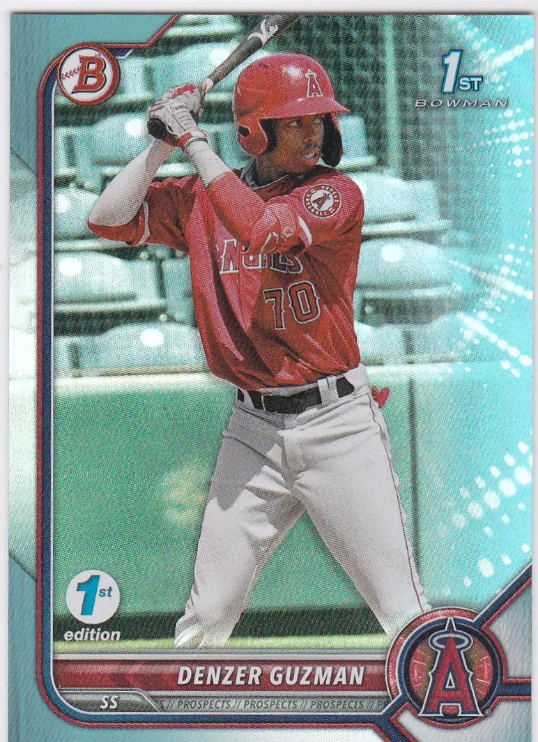 Baseball card of Denzer Guzman in Angels uniform, Bowman Prospects 1st Edition blue foil