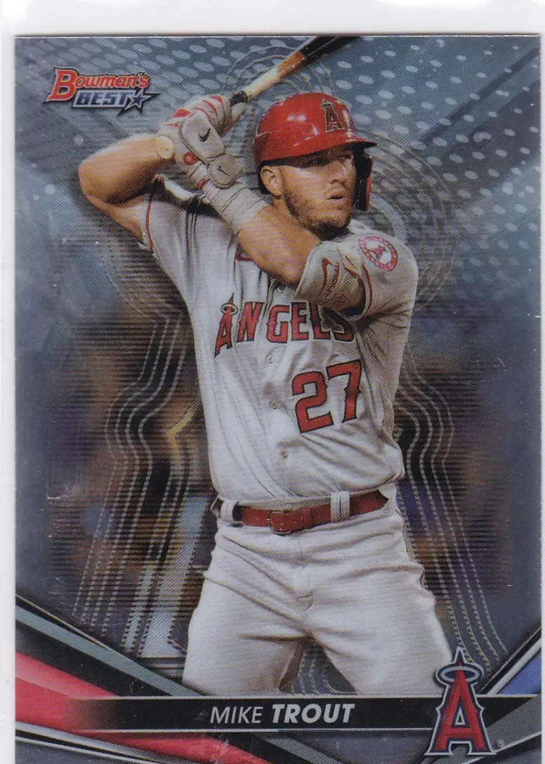 Baseball card of Mike Trout in batting stance, Los Angeles Angels jersey number 27