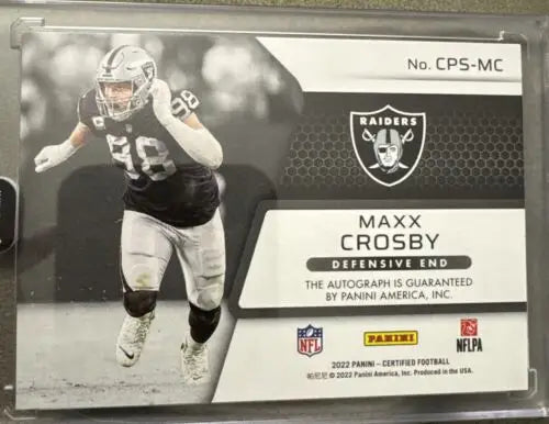 Maxx Crosby football card from 2022 Certified Maxx Crosby #22/75 Auto Red Las Vegas Raiders