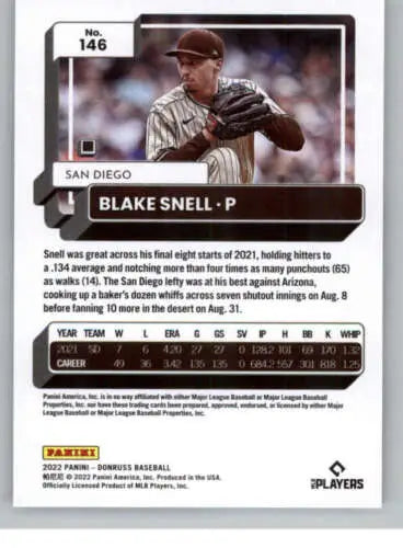 Blake Snell baseball card from 2022 Donruss #146 featuring original gloss NM-MT Padres