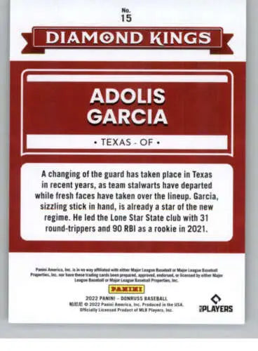 Baseball card back of 2022 Donruss #15 Adolis Garcia Diamond Kings in original gloss