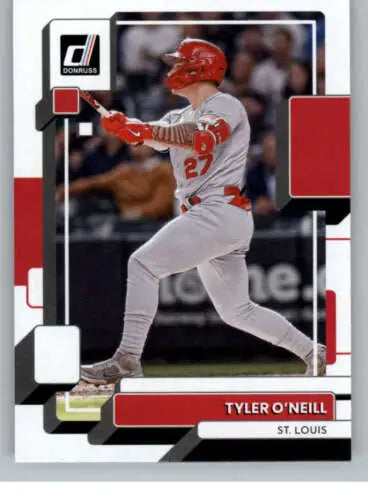 Baseball card of Tyler O’Neill NM-MT in white Cardinals uniform swinging a bat