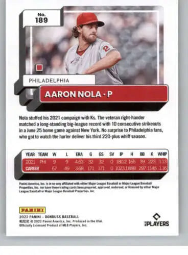 2022 Donruss #189 Aaron Nola NM-MT baseball card with original gloss, Simply Sandoval