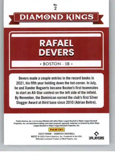 Rafael Devers 2022 Donruss Diamond Kings baseball card with original gloss finish