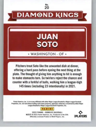 Baseball card of Juan Soto in original gloss from 2022 Diamond Kings series