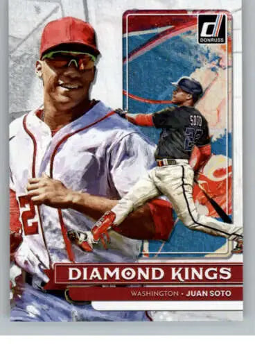 Baseball card of Juan Soto in red cap and white uniform, featuring original gloss, Diamond Kings