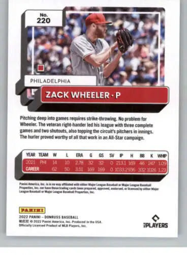 2022 Donruss #220 Zack Wheeler NM-MT Phillies baseball card with original gloss