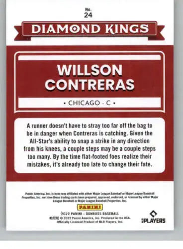 Baseball card back of 2022 Donruss Willson Contreras Diamond Kings with original gloss