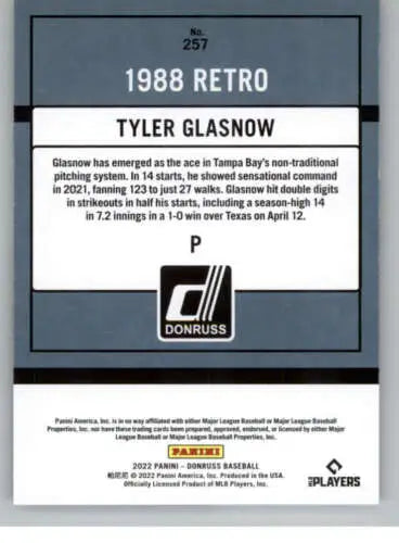 Tyler Glasnow baseball card from 2022 Donruss with original gloss and Rays design