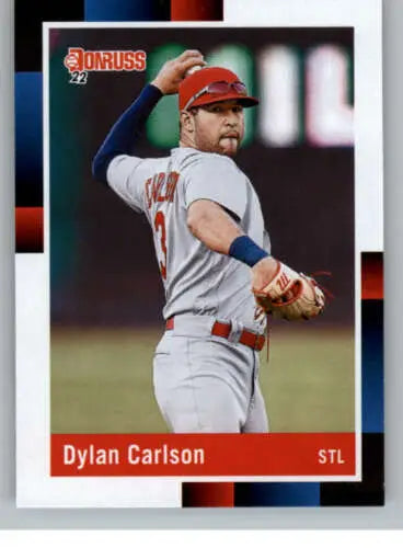 Baseball card of Dylan Carlson in throwing motion, original gloss, St. Louis Cardinals