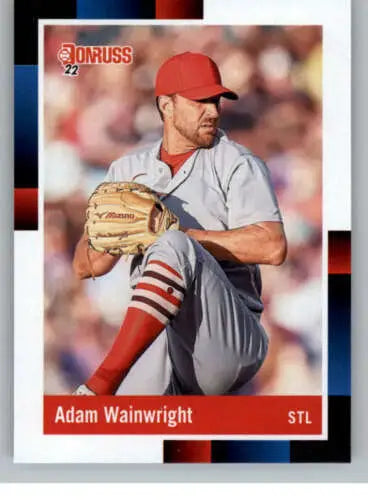 Baseball card of Adam Wainwright in gray and red uniform from 2022 Donruss series