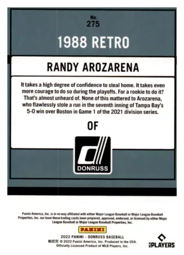 2022 Donruss Randy Arozarena baseball card with original gloss, Tampa Bay Rays Retro design