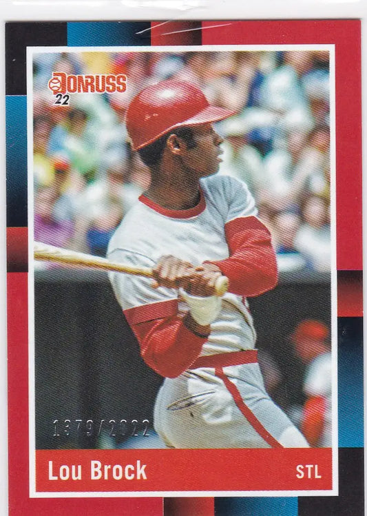 Lou Brock trading card in red and white uniform at bat, St Louis Cardinals 2022 Donruss