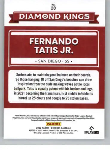 Baseball card back of 2022 Donruss #28 Fernando Tatis Jr. Diamond Kings with original gloss