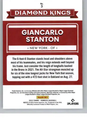 Baseball card back of 2022 Donruss Giancarlo Stanton Diamond Kings with original gloss