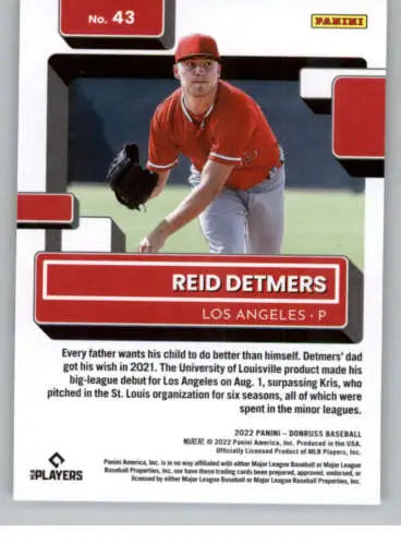 Baseball card of Reid Detmers, Los Angeles Angels pitcher, Rated Rookies with original gloss