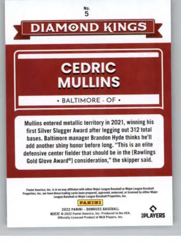 Cedric Mullins 2022 Donruss Diamond Kings baseball card with original gloss finish