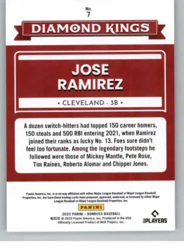 Baseball card back of 2022 Donruss Jose Ramirez Diamond Kings with original gloss