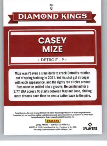 Back of 2022 Donruss #8 Casey Mize NM-MT Tigers Diamond Kings baseball card with original gloss