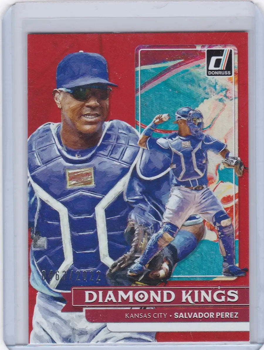 Baseball card of Diamond Kings Salvador Perez in blue gear on a red background