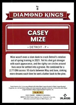 Casey Mize baseball card from 2022 Donruss Diamond Kings Purple Parallel #8 Detroit Tigers