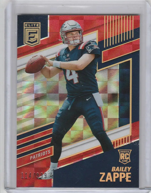 Football trading card of Bailey Zappe in throwing stance, Donruss Elite, New England Patriots