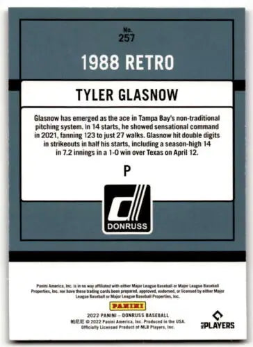 Baseball card back of 2022 Donruss Holo Red #257 Tyler Glasnow with original gloss