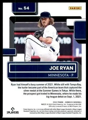 Joe Ryan baseball card featuring 2022 Donruss Rookie Purple Parallel #54 Minnesota Twins