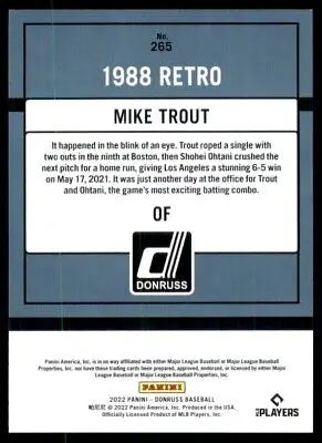 Baseball card back of 2022 Donruss Mike Trout Retro 1988 Los Angeles Angels #265