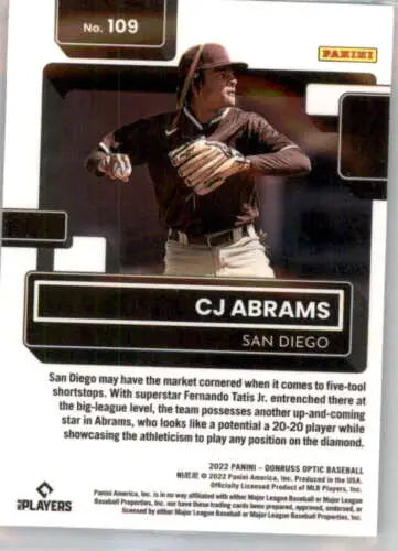 CJ Abrams 2022 Donruss Optic Rated Rookie baseball card in original gloss condition