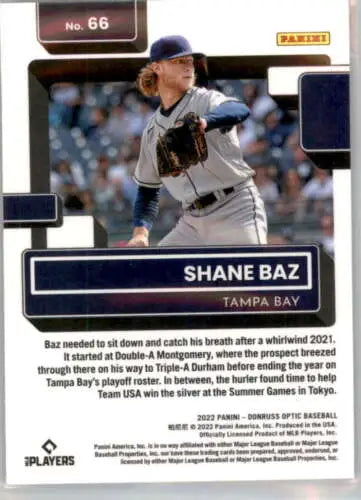 Shane Baz Donruss Optic baseball card featuring original gloss, Rays Rated Rookie