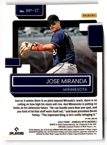 Jose Miranda baseball card from 2022 Donruss Optic Rated Prospects Holo NM-MT Twins