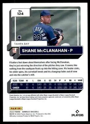 Shane McClanahan baseball card, 2022 Donruss Purple Parallel, Tampa Bay Rays #124