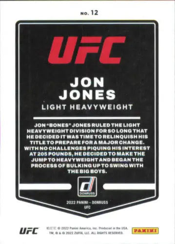 Jon Jones UFC trading card from 2022 Donruss UFC #12 in NM-MT condition