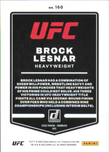 2022 Donruss UFC #160 Brock Lesnar card featuring iconic MMA fighter Brock Lesnar