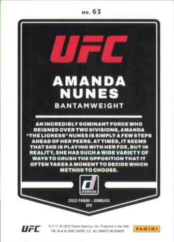 2022 Donruss UFC #63 Amanda Nunes Card NM-MT featuring the champion fighter Amanda Nunes