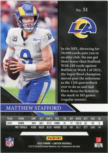 Matthew Stafford 2022 Limited Gold Spotlight Football Card Los Angeles Rams NM-MT