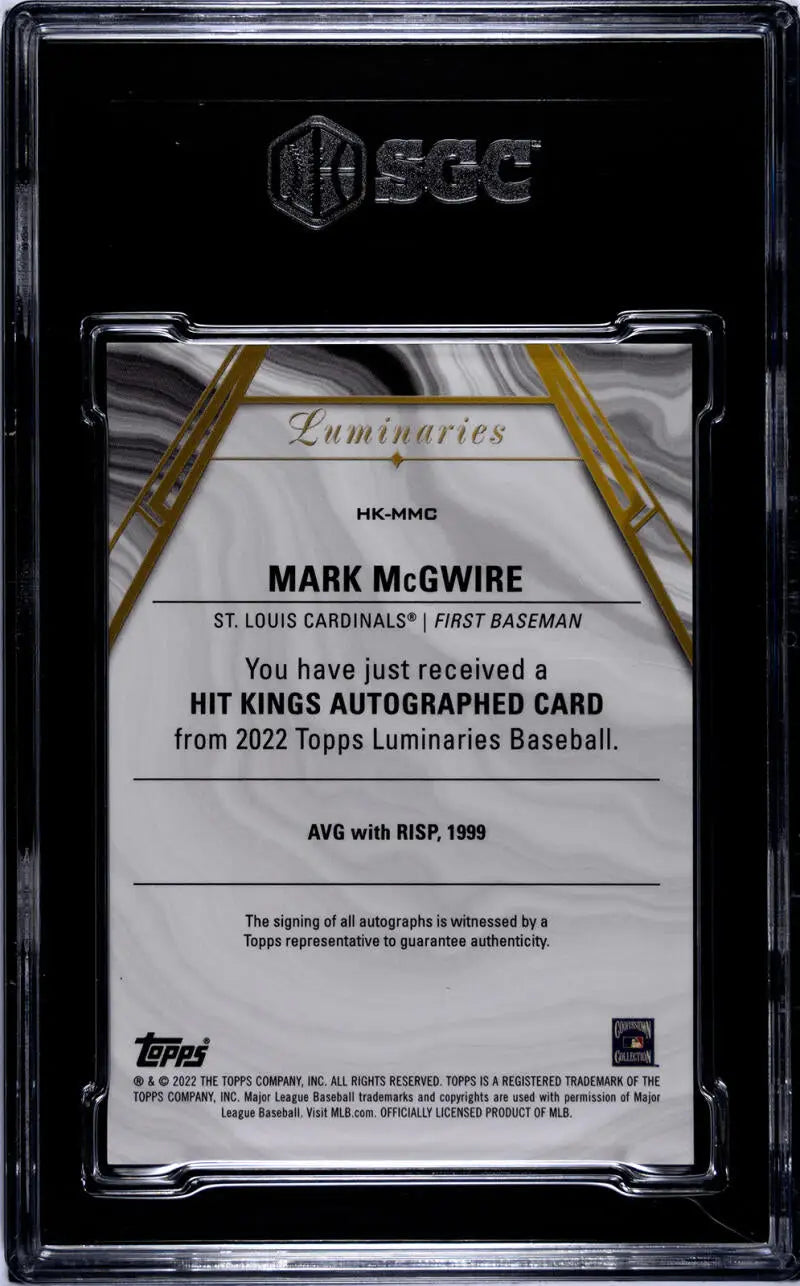 2022 Topps Luminaries Mark McGwire Baseball Card in a protective case for collectors