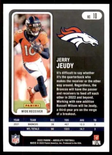 Jerry Jeudy football card from 2022 Panini Absolute, featuring original gloss in NM condition