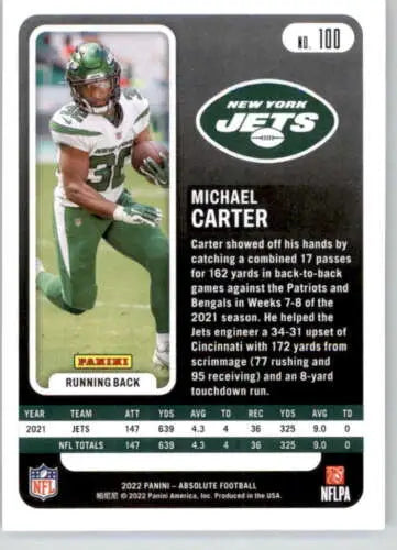 Michael Carter football card from 2022 Panini Absolute featuring original gloss design