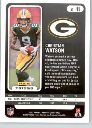 Christian Watson Panini Absolute football card featuring original gloss finish