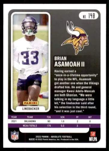 2022 Panini Absolute #148 Brian Asamoah II NM-MT RC football card with original gloss