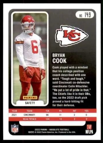 2022 Panini Absolute #149 Bryan Cook NM Mint RC Rookie Football Card for Chiefs