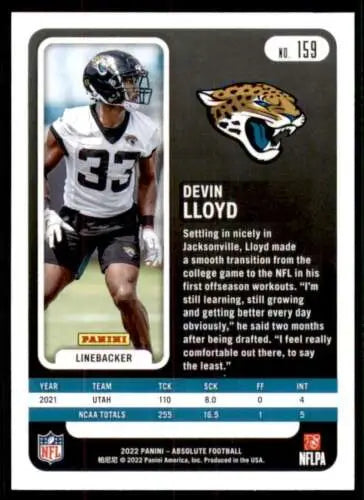 Devin Lloyd football card 2022 Panini Absolute mint RC rookie in near mint condition