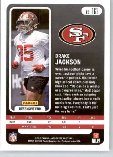 Drake Jackson football card from 2022 Panini Absolute with original gloss finish